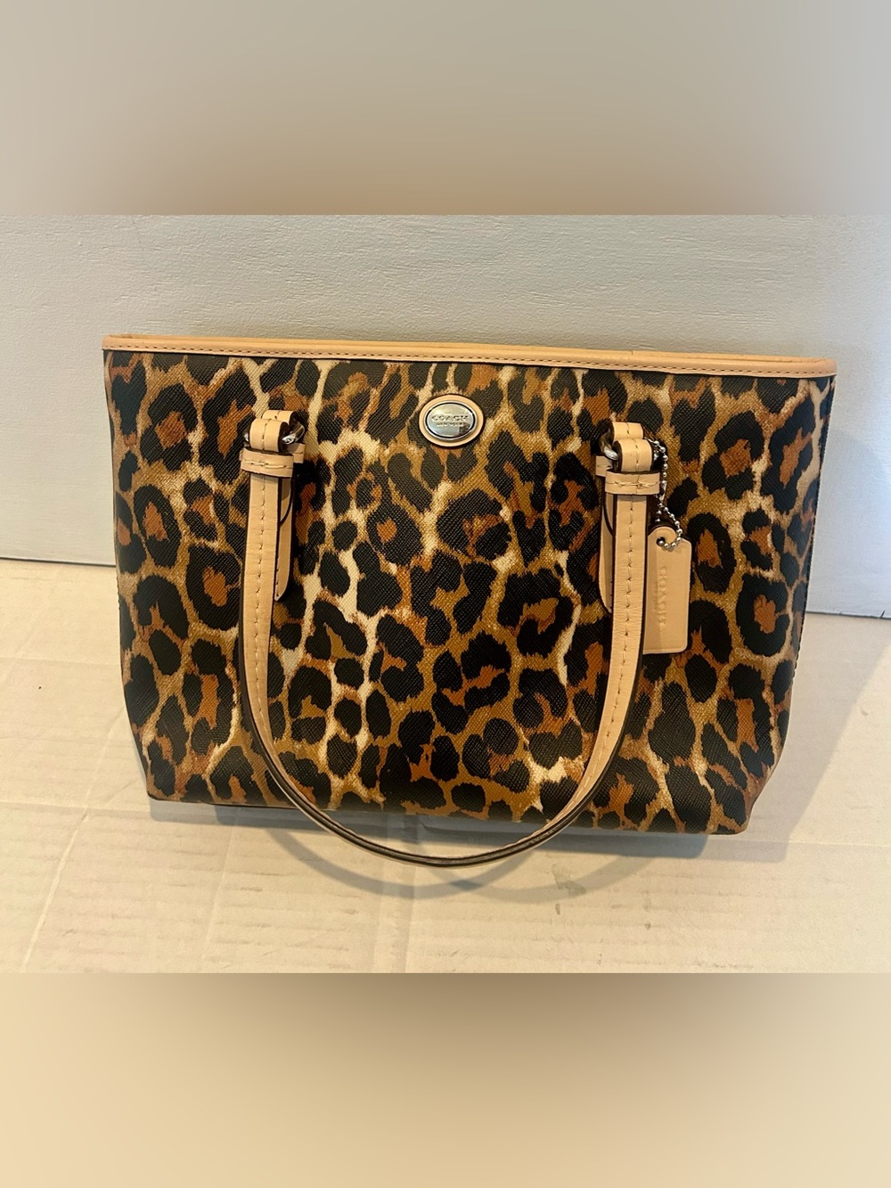 Coach Peyton Ocelot/Leopard-Print Top Handle Canvas Tote 8”x11”